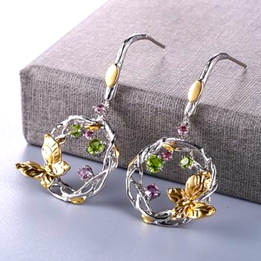 NEW 18k Yellow Gold Sterling Silver Amethyst Peridot Butterfly Wreath Dr…
